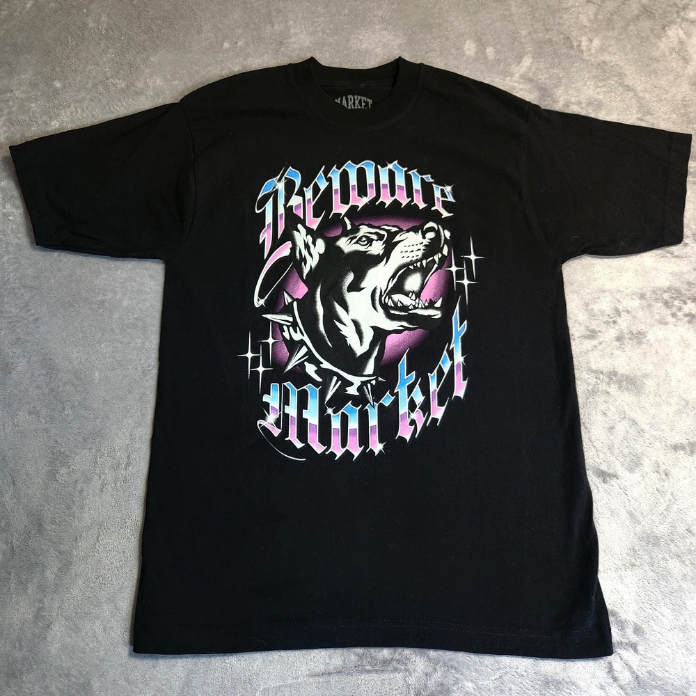 Chinatown Market Beware Dog Leashed Up Black Graphic T Shirt Mens M Medium